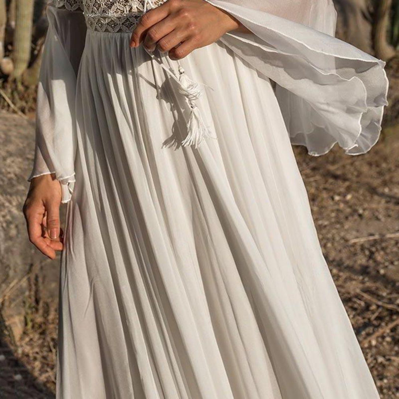 Lace Crochet Bodice Lace Up Tassel Trim Bell Sleeve Flowy Maxi Dress
