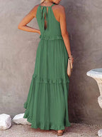 Smocked Halter Tiered Ruffle Trim Maxi Dress