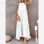 Smocked Halter Tiered Ruffle Trim Maxi Dress