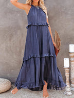 Smocked Halter Tiered Ruffle Trim Maxi Dress