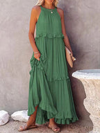 Smocked Halter Tiered Ruffle Trim Maxi Dress