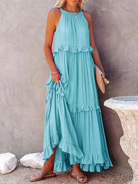 Smocked Halter Tiered Ruffle Trim Maxi Dress
