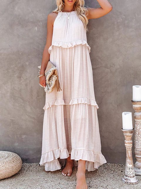 Smocked Halter Tiered Ruffle Trim Maxi Dress