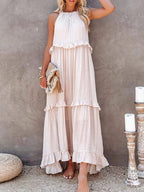 Smocked Halter Tiered Ruffle Trim Maxi Dress