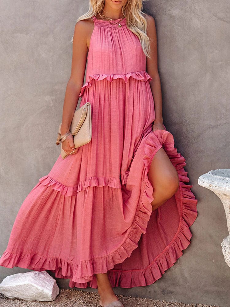 Smocked Halter Tiered Ruffle Trim Maxi Dress