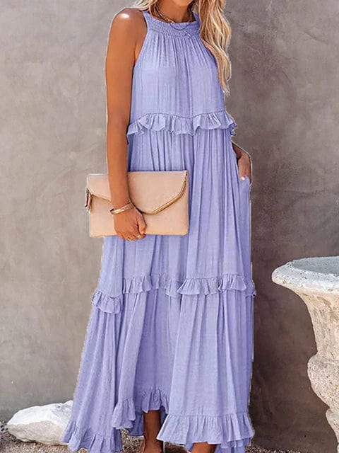 Smocked Halter Tiered Ruffle Trim Maxi Dress