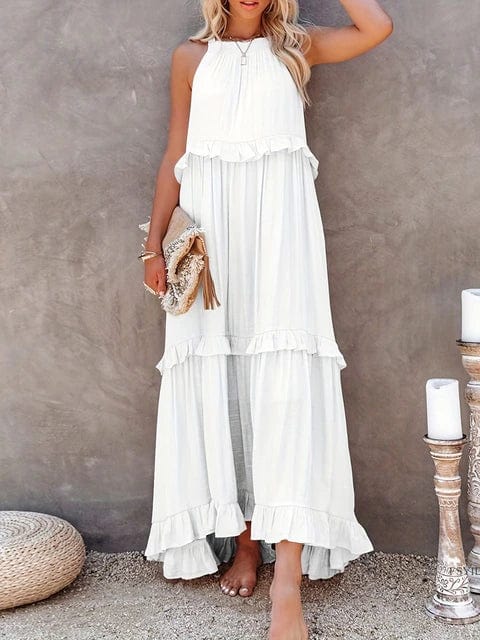 Smocked Halter Tiered Ruffle Trim Maxi Dress
