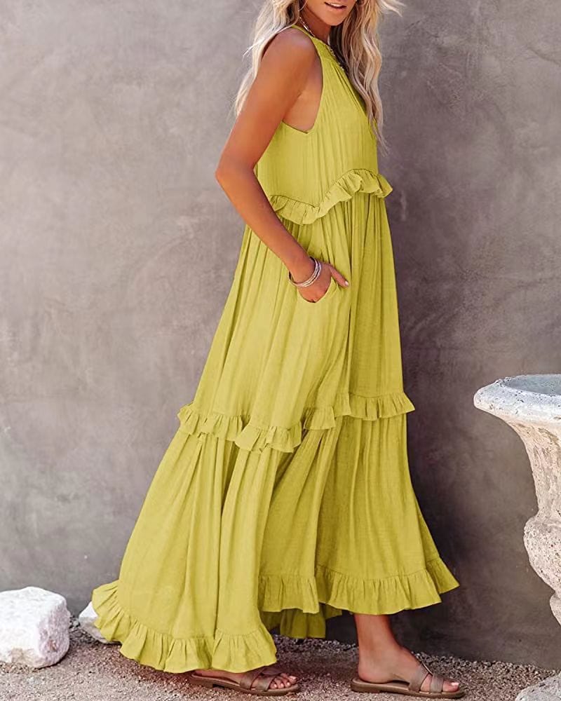 Smocked Halter Tiered Ruffle Trim Maxi Dress