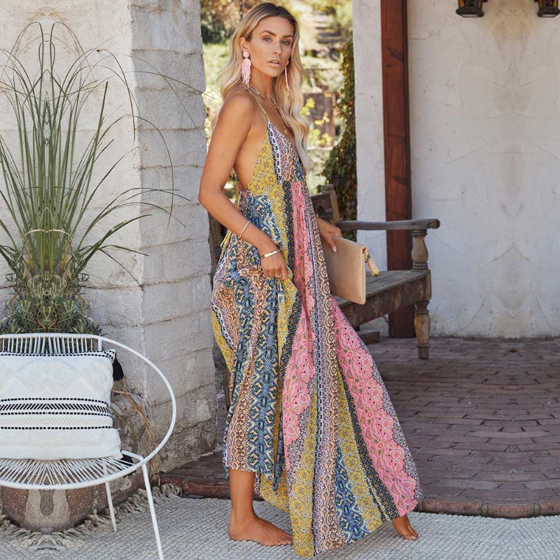 Deep V-Neck Spaghetti Strap Vertical Panel Print Boho Maxi Dress