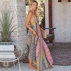 Deep V-Neck Spaghetti Strap Vertical Panel Print Boho Maxi Dress