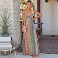 Deep V-Neck Spaghetti Strap Vertical Panel Print Boho Maxi Dress