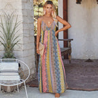 Deep V-Neck Spaghetti Strap Vertical Panel Print Boho Maxi Dress