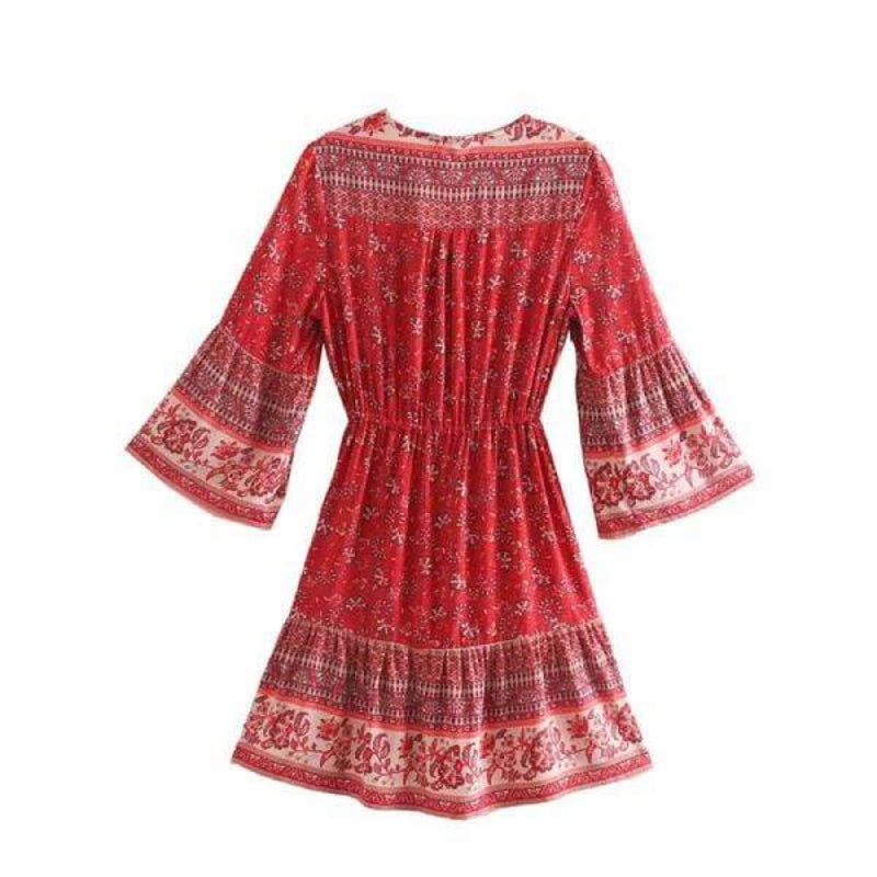 Floral Border Print V-Neck Button Front Bell Sleeve Ruffle Hem Mini Dress