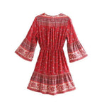 Floral Border Print V-Neck Button Front Bell Sleeve Ruffle Hem Mini Dress
