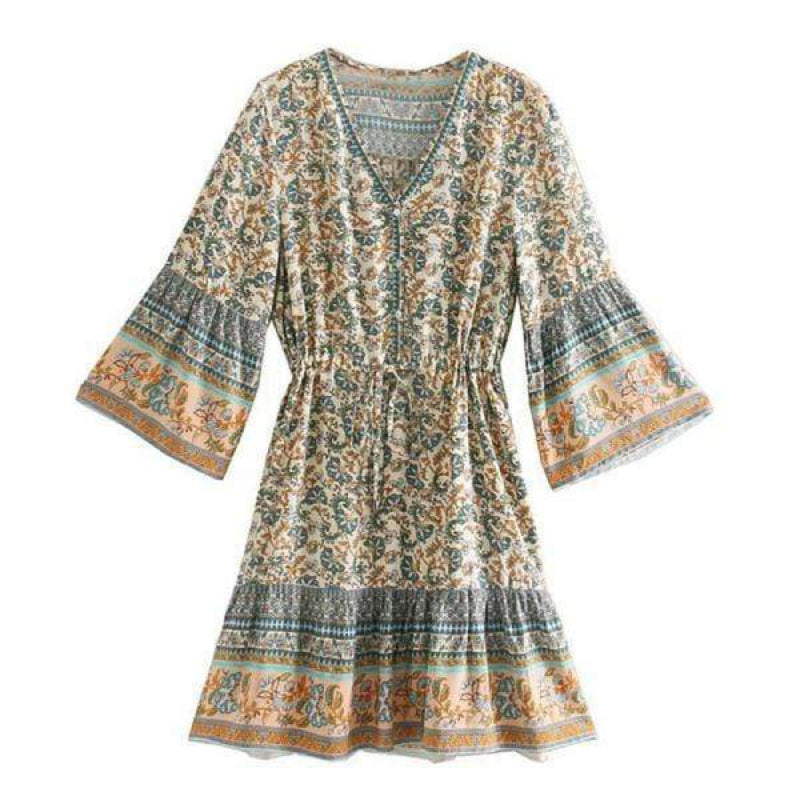 Floral Border Print V-Neck Button Front Bell Sleeve Ruffle Hem Mini Dress