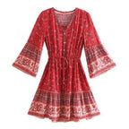 Floral Border Print V-Neck Button Front Bell Sleeve Ruffle Hem Mini Dress