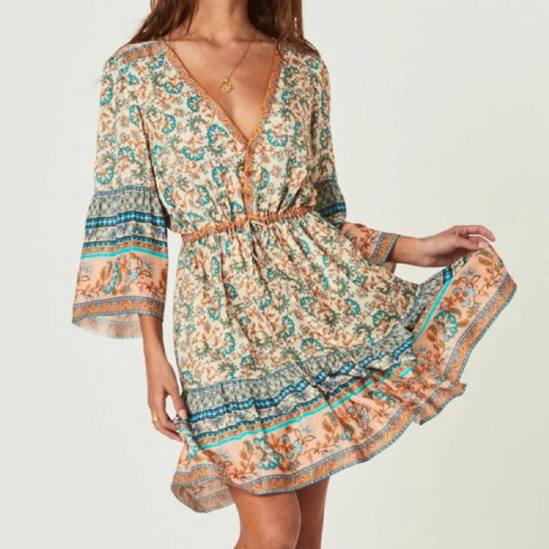 Floral Border Print V-Neck Button Front Bell Sleeve Ruffle Hem Mini Dress