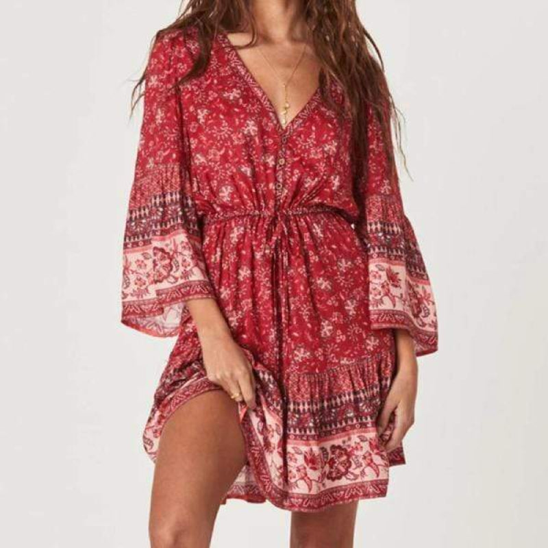 Floral Border Print V-Neck Button Front Bell Sleeve Ruffle Hem Mini Dress