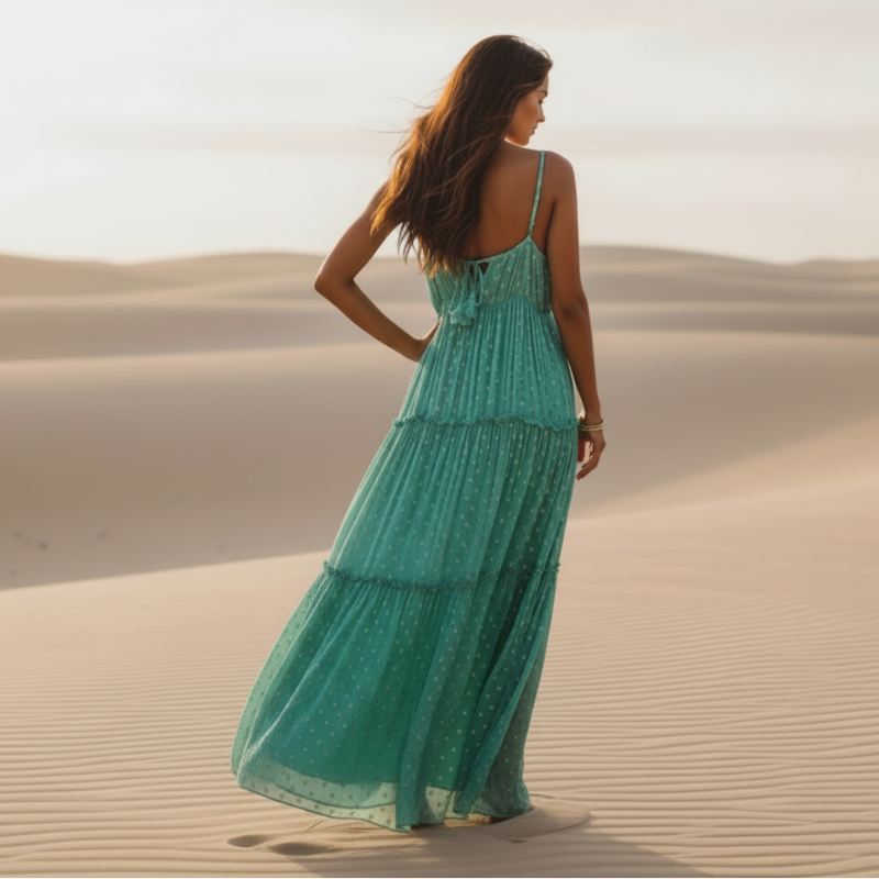 Polka Dot Print Spaghetti Strap Surplice Neck Tiered Ruffle Maxi Dress
