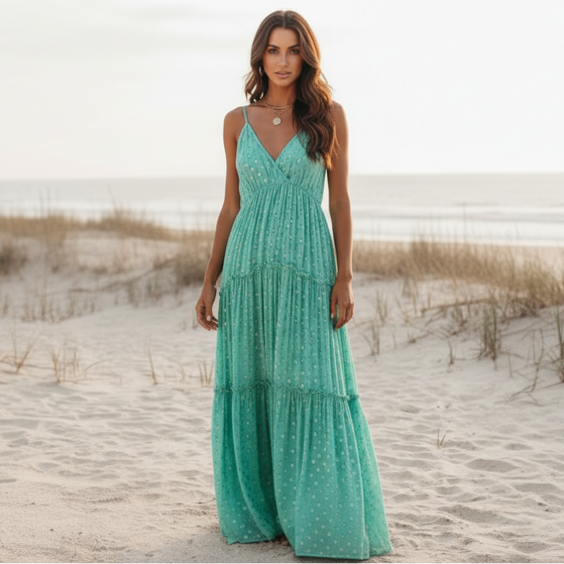 Polka Dot Print Spaghetti Strap Surplice Neck Tiered Ruffle Maxi Dress