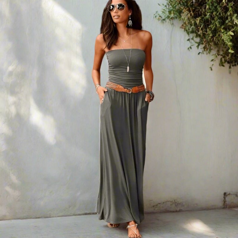 Strapless Bandeau Pocket Flowing Maxi Dress