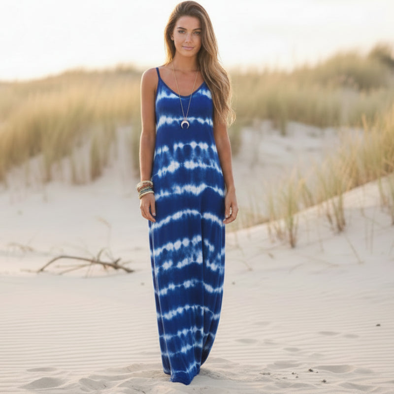 Horizontal Tie Dye Spaghetti Strap V-Neck Relaxed Maxi Dress