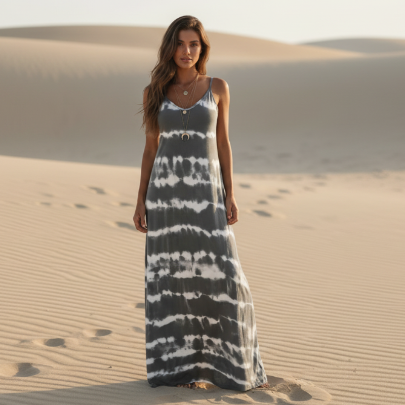 Horizontal Tie Dye Spaghetti Strap V-Neck Relaxed Maxi Dress