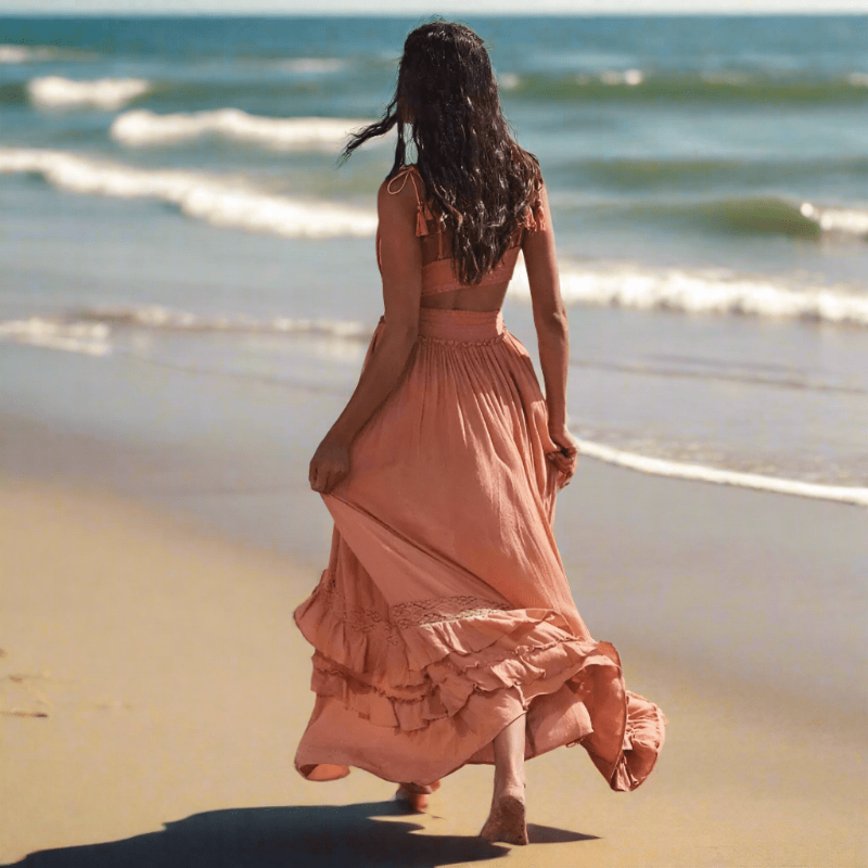 Crochet Lace Panel Tiered Ruffle Drawstring Waist Cut Out Maxi Dress