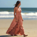 Crochet Lace Panel Tiered Ruffle Drawstring Waist Cut Out Maxi Dress