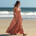 Crochet Lace Panel Tiered Ruffle Drawstring Waist Cut Out Maxi Dress