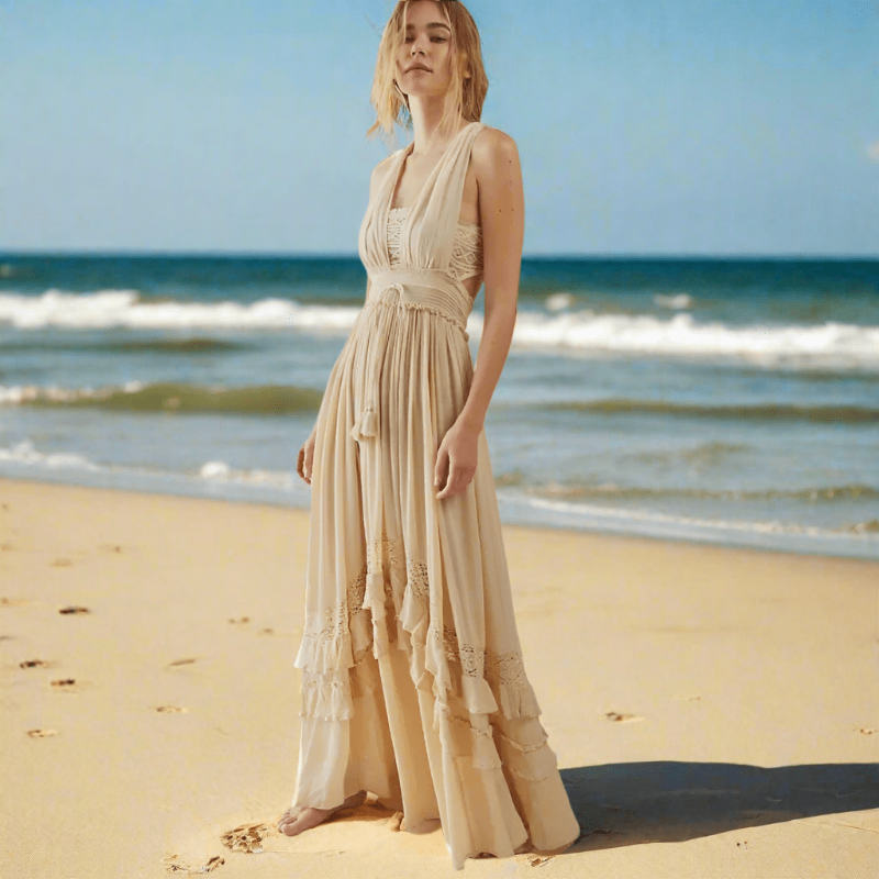 Crochet Lace Panel Tiered Ruffle Drawstring Waist Cut Out Maxi Dress