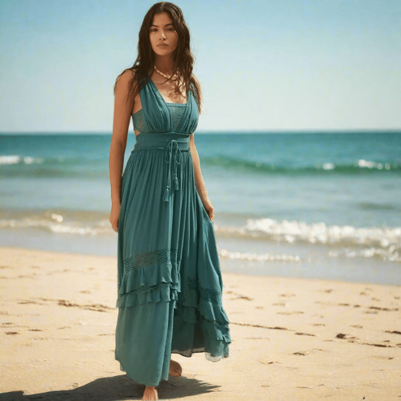 Crochet Lace Panel Tiered Ruffle Drawstring Waist Cut Out Maxi Dress