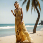 Crochet Lace Panel Tiered Ruffle Drawstring Waist Cut Out Maxi Dress