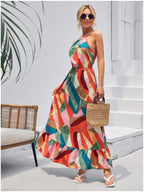 Geometric Print Halter Smocked Waist Tiered Ruffle Maxi Dress