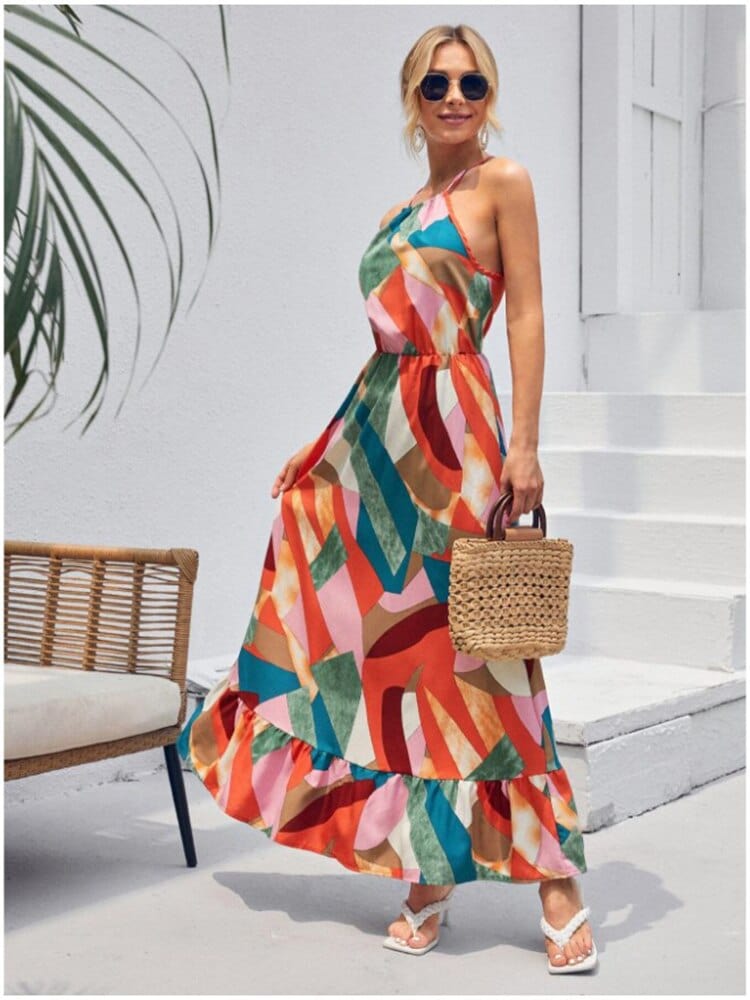 Geometric Print Halter Smocked Waist Tiered Ruffle Maxi Dress