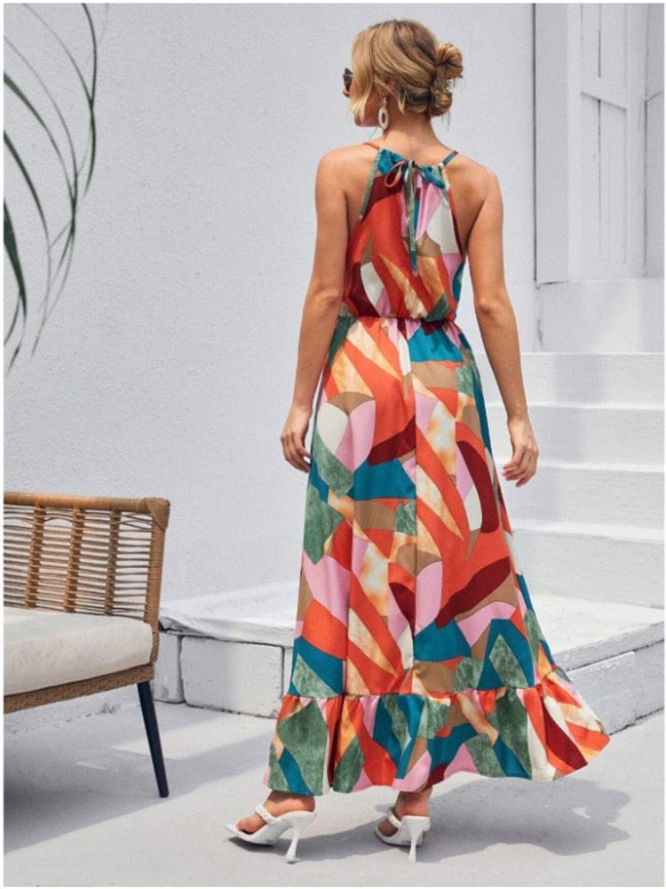 Geometric Print Halter Smocked Waist Tiered Ruffle Maxi Dress