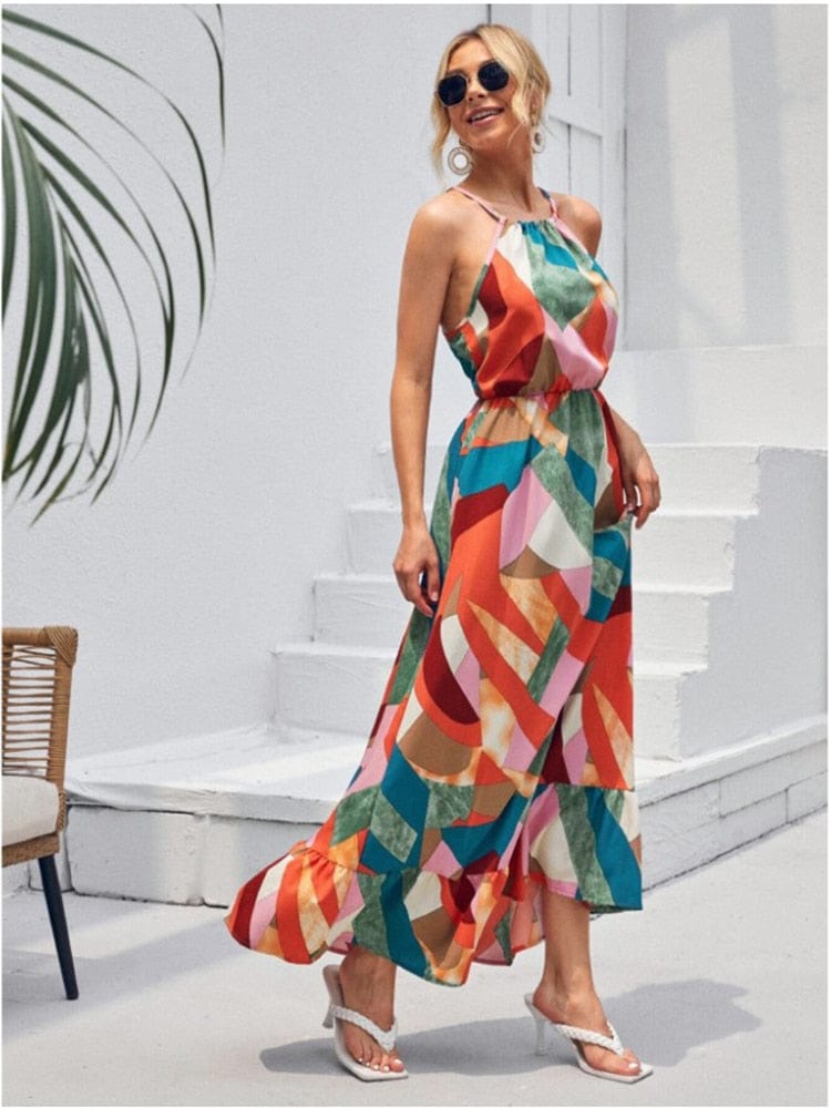 Geometric Print Halter Smocked Waist Tiered Ruffle Maxi Dress