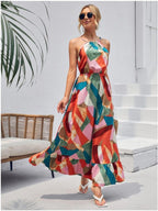 Geometric Print Halter Smocked Waist Tiered Ruffle Maxi Dress
