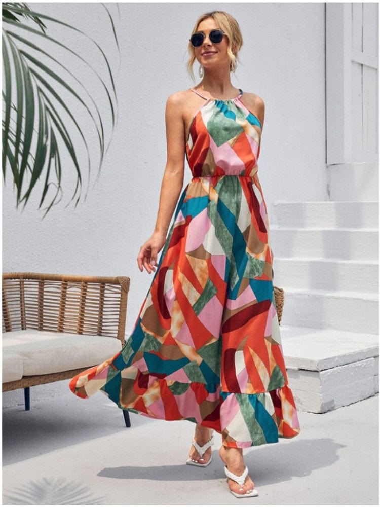 Geometric Print Halter Smocked Waist Tiered Ruffle Maxi Dress