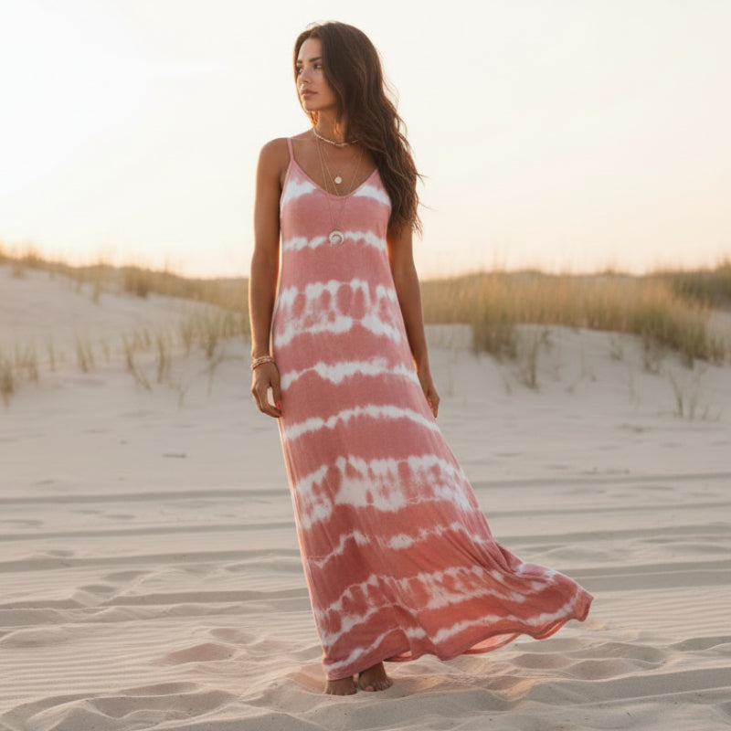 Horizontal Tie Dye Spaghetti Strap V-Neck Relaxed Maxi Dress