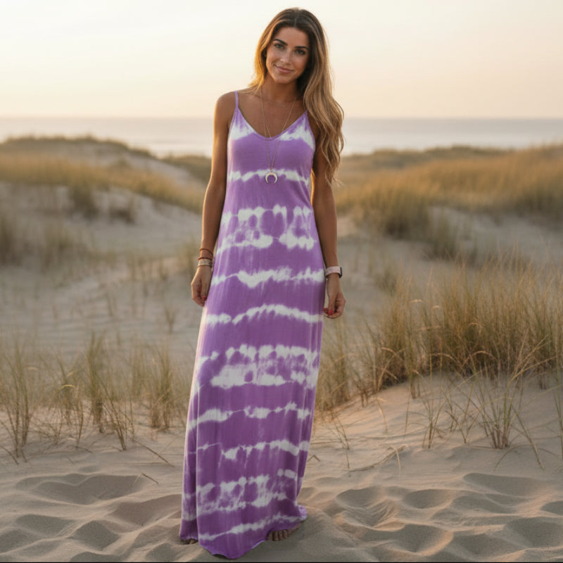 Horizontal Tie Dye Spaghetti Strap V-Neck Relaxed Maxi Dress