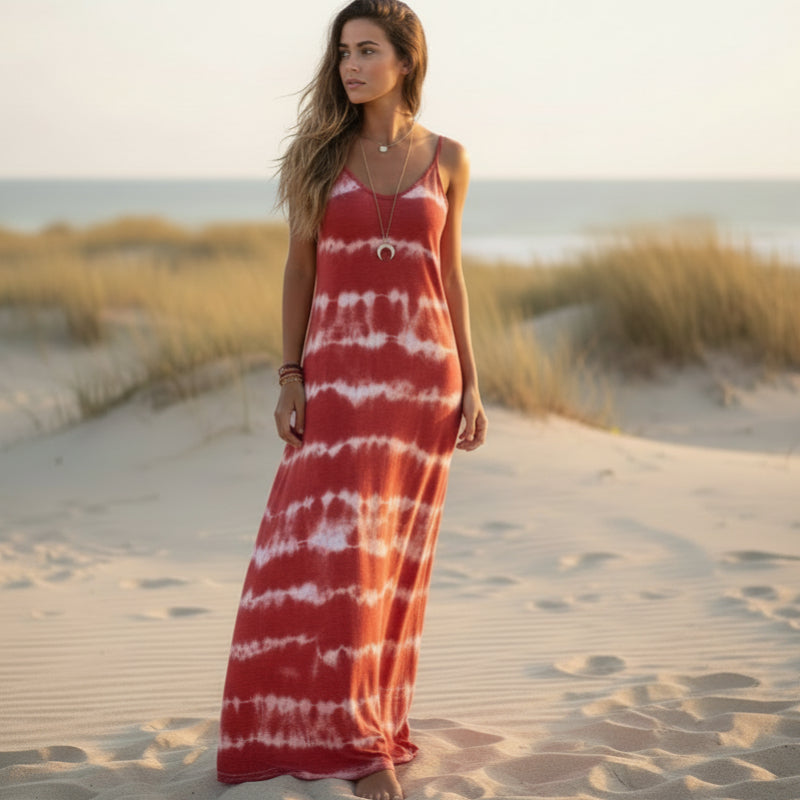 Horizontal Tie Dye Spaghetti Strap V-Neck Relaxed Maxi Dress