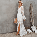 Embroidered Lace Deep V-Neck Bishop Sleeve High Split Maxi Dress