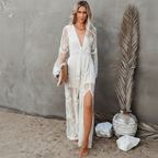 Embroidered Lace Deep V-Neck Bishop Sleeve High Split Maxi Dress