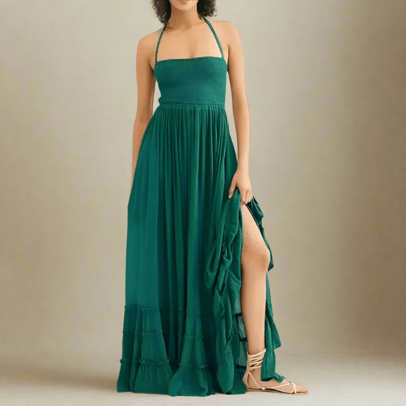 Backless Triple Strap Halter Tiered Maxi Dress