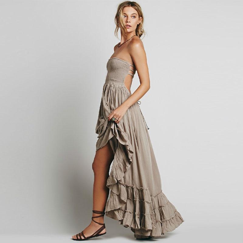 Backless Triple Strap Halter Tiered Maxi Dress