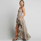 Backless Triple Strap Halter Tiered Maxi Dress