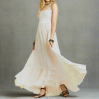 Backless Triple Strap Halter Tiered Maxi Dress