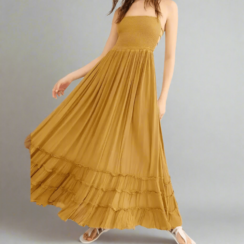 Backless Triple Strap Halter Tiered Maxi Dress