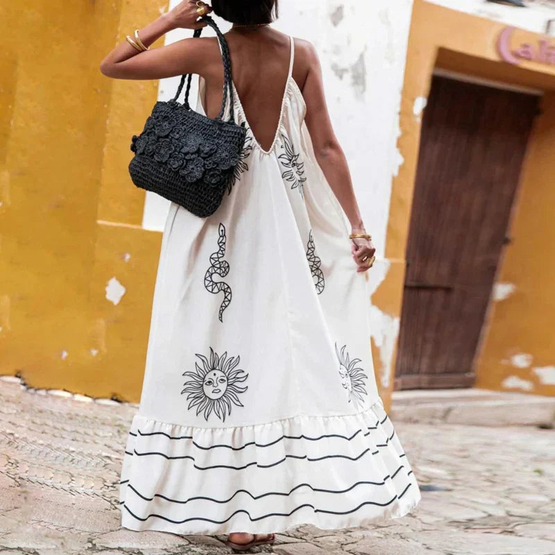 Sun Face Snake Graphic Print Ruffle Hem Spaghetti Strap Maxi Dress